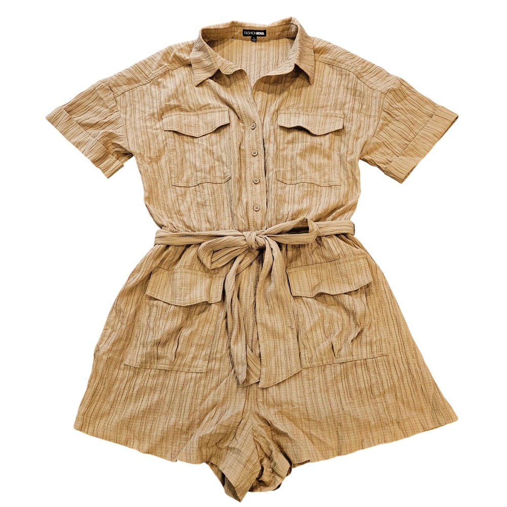 Fashion Nova Tan Utility Safari Romper Short Sleeve Button Front Belted Large